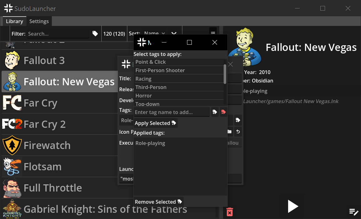 A screenshot of the SudoLauncher library interface, with a Role-playing tag selected. The videogame Morrowind is selected.