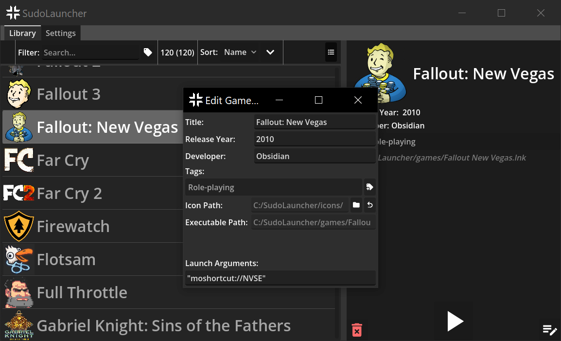 A screenshot of the SudoLauncher game information editor. the video game Fallout: New Vegas is selected.