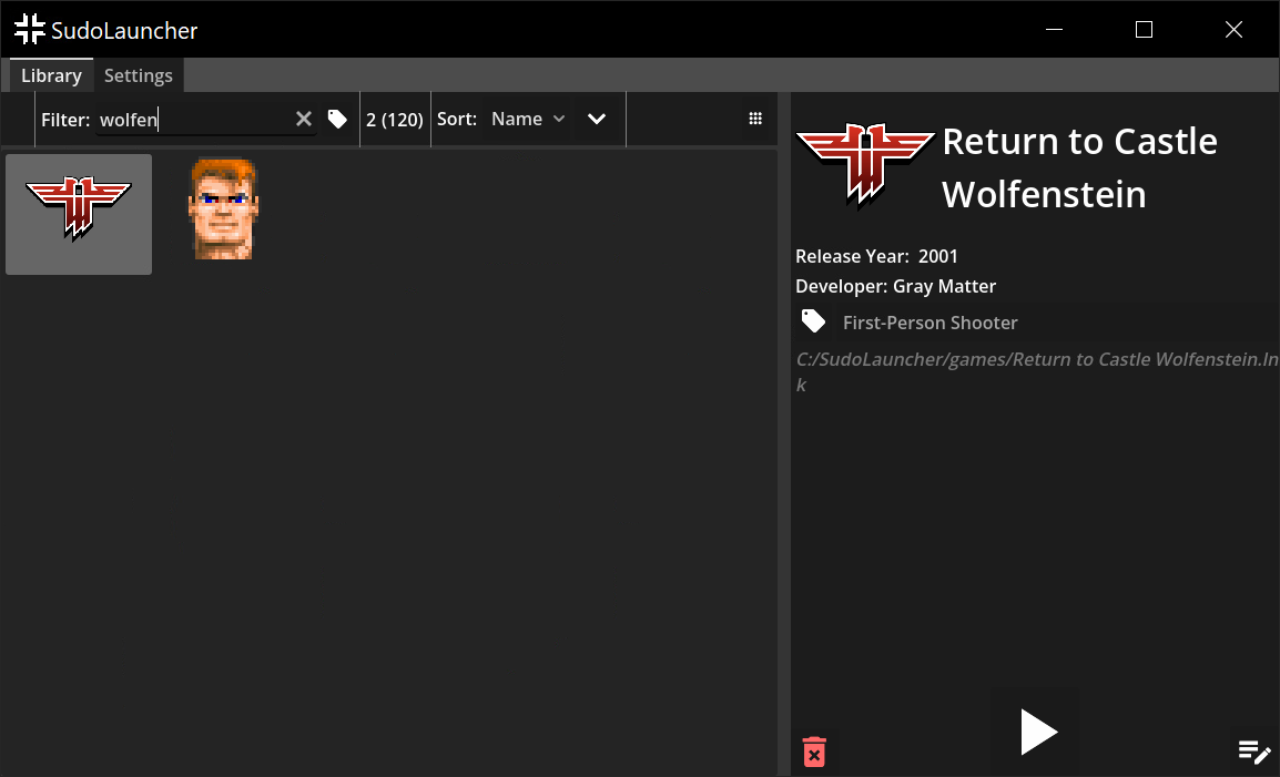 A screenshot of the SudoLauncher library interface, with a search term of Wolfen filtering the library. The videogame Return to Castle Wolfenstein is selected.
