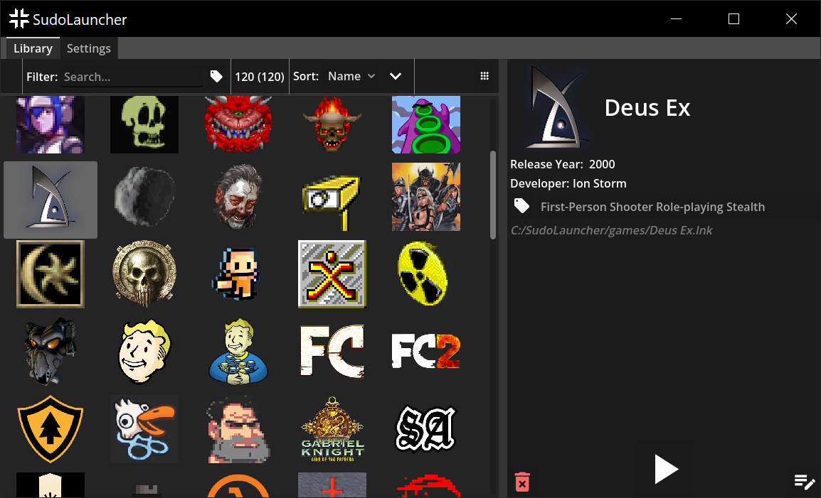 A screenshot of the SudoLauncher library interface. The video game Deus Ex is selected.